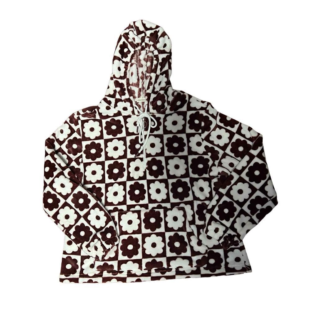 Geometric flowers super soft fleece 1/4 zip hoodie with kangaroo pocket brown an